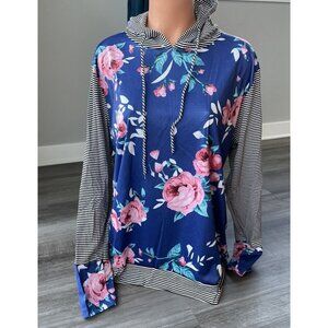 Easther Blue Floral Long Sleeve Shirt M Hooded Striped Soft NWT R4